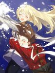  black_leggings black_pants blonde_hair brown_hair closed_eyes colette_brunel dress highres holding_another&#039;s_waist jacket leggings light_blush lloyd_irving long_sleeves meameeea open_mouth pants red_shirt shirt snow suspenders tales_of_(series) tales_of_symphonia white_dress white_jacket 