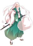  1boy alphes_(style) blue_eyes blush commentary_request dairi facial_hair flower full_body geta ghost ghost_print green_vest hakama hakama_pants highres hitodama japanese_clothes kimono konpaku_youki long_hair long_sleeves looking_at_viewer low_ponytail male_focus mustache old old_man open_clothes open_vest pants parody ponytail sandals scabbard sheath sheathed simple_background socks solo standing style_parody sweatdrop sword tabi tachi-e thick_eyebrows touhou transparent_background vest weapon white_hair white_socks wide_sleeves wrinkled_skin 