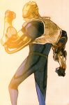  1boy bengus blonde_hair blue_bodysuit bodysuit capcom captain_commando captain_commando_(character) clenched_hand cyborg from_behind game_cg hair_slicked_back highres looking_to_the_side male_focus marvel_vs._capcom marvel_vs._capcom_2 mechanical_arms non-web_source official_art scan simple_background solo standing 
