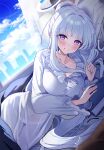  1girl ^^^ absurdres bed_sheet black_shawl blue_archive blue_sky blush breasts cleavage cloud cloudy_sky collarbone covered_navel day dress frilled_pajamas frills hair_spread_out halo head_on_pillow hickey highres large_breasts long_hair long_sleeves looking_at_viewer lying noa_(blue_archive) noa_(pajamas)_(blue_archive) official_alternate_costume official_alternate_hairstyle on_bed on_side pajamas panties_visible_through_clothes pillow ponytail pov purple_eyes sak_(lemondisk) see-through_clothes shawl sky smile very_long_hair white_dress white_hair white_halo white_pajamas 