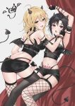  2girls absurdres aburi-gatana ahoge antenna_hair arm_up asymmetrical_legwear black_eyes black_gloves black_hair black_shorts black_thighhighs blonde_hair breasts choker crop_top demon_horns demon_tail demon_wings fang fingerless_gloves fishnet_thighhighs fishnets garter_straps gloves green_eyes hair_between_eyes hand_on_another&#039;s_neck heart heart_choker highres horns hoshii_miki idolmaster idolmaster_(classic) kikuchi_makoto looking_back midriff mismatched_legwear multiple_girls nail_polish navel open_mouth pubic_tattoo red_nails short_hair short_shorts shorts tail tattoo thighhighs wings yuri 
