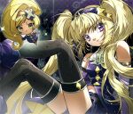  2girls absurdly_long_hair bare_legs bare_shoulders belt belt_buckle black_belt black_thighhighs blonde_hair boots buckle center_frills chibi closed_mouth clothing_cutout coattails collared_dress dark-skinned_female dark_jeanne_(granblue_fantasy) dark_skin dia_(shugo_chara!) diamond_(shape) diamond_hair_ornament dress elbow_gloves empty_eyes expressionless eyelashes eyes_visible_through_hair feet_out_of_frame fishnet_thighhighs fishnets floating frilled_thigh_strap frills gloves guardian_chara hair_ornament hair_over_shoulder hairband head_tilt heart high-waist_shorts high_ponytail highres hoshina_utau lace-trimmed_gloves lace-trimmed_hairband lace_trim lapels layered_shirt light_frown light_particles long_hair magical_girl min_(bibbibtobib) multiple_girls navel notched_lapels orange_hairband outline polka_dot polka_dot_background ponytail purple_background purple_boots purple_dress purple_eyes purple_gloves purple_hairband purple_shirt purple_shoes purple_shorts shirt shoes short_shorts shorts shugo_chara! sleeveless sleeveless_dress sleeveless_shirt sparkle stomach_cutout swept_bangs thigh_strap thighhighs twintails very_long_hair white_outline white_shirt x_hair_ornament yellow_eyes 