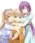  3girls :d :t ;d ^_^ arm_around_waist arms_around_neck back_bow between_breasts blonde_hair blue_bow blue_dress blue_skirt blush bow breast_press breast_smother breasts bright_pupils clenched_hands closed_eyes commentary cowboy_shot dress dual_persona embarrassed eyelashes eyes_visible_through_hair face_to_breasts frilled_shirt frilled_sleeves frills furrowed_brow green_eyes hair_between_eyes hair_bow hair_intakes hair_ornament half_updo hands_up happy head_between_breasts height_difference high-waist_skirt highres hug japanese_clothes kimono large_breasts long_hair long_sleeves low_ponytail medium_breasts mizuori_shizuku mochimugi_rice multiple_girls obi official_alternate_costume one_eye_closed orange_kimono ponytail puffy_short_sleeves puffy_sleeves purple_hair red_sash sash shirt short_sleeves sidelocks simple_background skirt smile spoilers summer_pockets sweatdrop tsumugi_wenders twintails very_long_hair wavy_mouth white_background white_bow white_pupils white_shirt wide_sleeves x_hair_ornament 