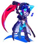  1other absurdres ascot asymmetrical_gloves black_gloves blue_hair blue_skin boots colored_skin deltarune fingerless_gloves full_body gloves gradient_hair guilty_gear hand_up hat highres holding holding_scythe holding_weapon kris_(deltarune) looking_at_viewer multicolored_hair purple_hair scythe short_hair shorts simple_background skull sleeveless solo standing testament_(guilty_gear) tierrlist weapon white_ascot white_background white_gloves 