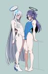  2boys bare_arms barefoot bikini black_halo blue_archive blue_one-piece_swimsuit blush boots bulge bulge_press bulges_touching closed_mouth cosplay fake_halo grey_hair grey_halo halo headphones highres long_hair male_focus miyabikawa_sakura multiple_boys navel noa_(blue_archive) noa_(blue_archive)_(cosplay) one-piece_swimsuit purple_eyes purple_hair side-tie_bikini_bottom simple_background smile standing stomach swimsuit trap two_side_up very_long_hair white_bikini white_boots yaoi yuuka_(blue_archive) yuuka_(blue_archive)_(cosplay) 