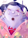  1boy ^_^ akasama0215 black_hair blue_skin closed_eyes colored_skin commentary_request earphones half_updo jinbe_(one_piece) male_focus one_piece pink_shirt scar scar_on_chest scar_on_face shirt solo sparkle tusks upper_body white_background 