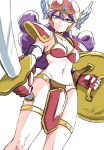  1girl armor asymmetrical_dual_wielding bikini_armor black_sleeves blue_eyes breasts choker cleavage commentary_request curly_hair detached_sleeves dragon_quest dragon_quest_iii dual_wielding from_below gloves gold_choker gold_thighlet helmet highres hip_bones holding holding_shield holding_sword holding_weapon ikaringo_(ikaringo4444) jewelry long_hair looking_at_viewer looking_down medium_breasts midriff navel pauldrons purple_hair red_armor red_gloves red_helmet shield shoulder_armor solo sword thighlet warrior warrior_(dq3) weapon white_background winged_helmet 