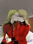  2girls alternate_hairstyle anmitsu_sd arms_around_waist assam_(girls_und_panzer) blonde_hair blue_eyes closed_mouth crying crying_with_eyes_open darjeeling_(girls_und_panzer) girls_und_panzer hair_down highres imminent_kiss jacket kiss long_hair long_sleeves multiple_girls on_bed open_mouth purple_eyes red_jacket sitting st._gloriana&#039;s_military_uniform tearing_up tears yuri 