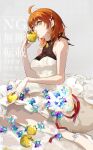  1girl ahoge ankle_strap apple bare_shoulders black_choker breasts chaldea_logo checkered_background choker dress earrings fate/grand_order fate_(series) food foot_out_of_frame from_side fruit fujimaru_ritsuka_(female) full_body golden_apple hair_ribbon hanako_(onikutabetaiyo) highres holding holding_food holding_fruit jewelry kissing_object lace_trim looking_at_viewer medium_breasts medium_hair nail_polish orange_hair pearl_hair_ornament red_ribbon ribbon saint_quartz_(fate) solo white_dress yellow_eyes 