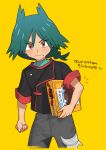  1boy absurdres anipoke_uruto black_jacket brown_eyes clenched_hand closed_mouth commentary_request fang fang_out green_hair green_shirt grey_pants hair_between_eyes highres holding jacket looking_at_viewer male_focus medium_hair notice_lines pants pokemon pokemon_(anime) pokemon_horizons shirt short_sleeves simple_background solo translation_request ult_(pokemon) yellow_background 