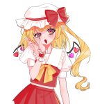  1girl ascot blonde_hair blush bow crystal crystal_wings flandre_scarlet frilled_shirt_collar frills hat hat_ribbon highres looking_at_viewer mnju_dayo mob_cap open_mouth pointy_ears puffy_short_sleeves puffy_sleeves red_eyes red_ribbon red_skirt red_vest ribbon shirt short_sleeves side_ponytail simple_background skirt solo touhou upper_body vest white_background white_shirt yellow_ascot 