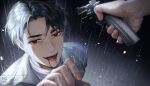  1boy 1other absurdres alien_stage black_eyes black_hair blood blood_from_mouth commentary_request from_above gun gun_to_head highres holding holding_gun holding_weapon honogurairo_hai ivan_(alien_stage) male_focus open_mouth rain red_pupils shirt short_hair smile very_short_hair watermark weapon wet white_shirt 