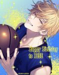  1boy arm_up ball bare_shoulders basketball_(object) basketball_jersey blonde_hair blue_shirt collarbone commentary_request earrings fingernails grin happy_birthday holding holding_ball jewelry kaijo_high_basketball_uniform looking_at_viewer male_focus mashima_shima piercing shirt single_earring sleeveless sleeveless_shirt smile solo sparkle teeth twitter_username upper_body v-neck yellow_eyes 
