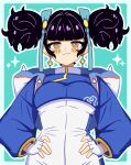  1girl absurdres black_hair blue_background blue_bow blue_ribbon bow breasts closed_mouth cowboy_shot doyagao facing_viewer fingerless_gloves gloves hair_bow hair_ribbon hands_on_own_hips highres long_sleeves looking_at_viewer magikflaan medium_breasts medium_hair original ribbon ribbon-trimmed_bow ribbon_trim smile smug solo standing white_gloves yellow_eyes yunyi_(magikflaan) 