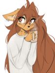 2025 3:4 5_fingers anthro apogee_(tinygaypirate) brown_eyes brown_hair canid canine canis clothed clothed_anthro clothed_female clothing container cup digital_media_(artwork) domestic_dog ear_piercing female fingers front_view fur hair hi_res holding_container holding_cup holding_mug holding_object inner_ear_fluff long_hair looking_aside mammal mug neck_tattoo piercing simple_background solo steam tan_body tan_fur tattoo tinygaypirate tuft white_background