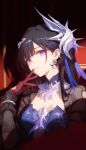  1girl ai-generated blunt_bangs blurry blurry_foreground brown_hair center_opening clothing_cutout commentary detached_collar dress earpiece earrings frilled_sleeves frills gloves hair_ornament hairclip hand_up hashtag-only_commentary headpiece highres honkai:_star_rail honkai_(series) hysilens_(honkai:_star_rail) indoors jewelry long_hair long_sleeves looking_at_viewer looking_to_the_side mluac multicolored_hair parted_lips pearl_earrings purple_eyes red_background red_gloves see-through_clothes see-through_sleeves shade shadow shoulder_cutout solo streaked_hair upper_body 