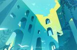  1girl artist_name bird building huhv. long_hair original outdoors pillar plant scenery shirt sky solo very_wide_shot watermark white_shirt 