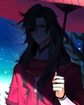  1boy absurdres bare_tree bentuudayo black_hair braid chinese_clothes closed_mouth eyepatch hanfu highres holding holding_umbrella hua_cheng jewelry long_hair long_sleeves looking_at_viewer male_focus necklace oil-paper_umbrella one_eye_covered outdoors red_eyes red_hanfu red_umbrella shade side_braid single_braid smile snow snowing solo tianguan_cifu tree umbrella upper_body yuanlingpao 