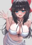  1girl absurdres bare_arms bare_shoulders bikini black_hair blue_eyes bow breasts cleavage collarbone commentary cowboy_shot criss-cross_halter ear_piercing front-tie_bikini_top front-tie_top grey_background hair_bow hair_ornament hairclip halterneck hand_up heart heart_hair_ornament highres large_breasts leaning_forward long_hair looking_at_viewer mirae_d2oop mole mole_on_breast navel open_mouth piercing sarong shirayuki_hina simple_background skindentation smile solo stellive stomach strap_gap string_bikini swimsuit very_long_hair virtual_youtuber wet white_bikini 