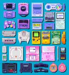  3d absurdres blockbench_(medium) blue_background circuit_board commentary dreamcast_controller english_commentary game_boy game_boy_advance game_boy_advance_sp game_boy_color game_console gamecube gamecube_controller handheld_game_console highres low_poly mametchi mario_(series) new_super_mario_bros. nintendo nintendo_64 nintendo_ds_lite no_humans object_focus sega sega_dreamcast sega_mega_drive simple_background stylus super_famicom super_famicom_gamepad super_mario_world tamagotchi tamagotchi_(classic) tamagotchi_(virtual_pet) violet_(violxiv) virtual_pet_(toy) vmu 