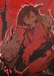  1boy 2girls :3 absurdres ayase_momo backpack bag bell black_jacket bow bowtie brown_eyes brown_hair carrying cat closed_mouth collared_shirt dandadan earrings facial_mark gakuran hair_between_eyes hashtag-only_commentary highres jacket jewelry looking_at_viewer mask miniskirt mouth_mask multiple_girls neck_bell outdoors piggyback pink_sweater pleated_skirt red_bow red_bowtie red_sky school_uniform shirt short_hair signature skirt sky sleeves_past_wrists smile socks sweater takakura_ken_(dandadan) takakura_ken_(transformed)_(dandadan) transformation turbo_granny_(dandadan) white_hair white_shirt white_socks yonab 