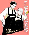  1boy 1girl :o absurdres apron cellphone collared_shirt doug_(youchien_wars) english_text hand_on_own_hip happy_anniversary height_difference highres holding holding_phone long_bangs long_sleeves looking_down name_tag necktie non_ni_1111 phone pointing ponytail rita_(youchien_wars) shirt smartphone youchien_wars 