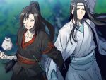  2boys ahoge bag beaugi black_hair black_hanfu blurry blurry_background chinese_clothes closed_mouth collarbone flute grey_eyes grin guqin hanfu headband highres holding holding_another&#039;s_arm holding_bag instrument instrument_case lan_wangji long_hair long_sleeves looking_at_viewer male_focus modao_zushi multiple_boys outdoors ponytail robe sash sketch smile very_long_hair wei_wuxian white_hanfu white_headband wide_sleeves yaoi yellow_eyes 