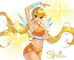  1girl arm_up armpits asymmetrical_shirt bare_shoulders blonde_hair blue_hairband blue_wings bracer breasts brown_eyes character_name commentary cowboy_shot crop_top english_commentary eyelashes eyeshadow fairy fairy_wings floating_hair hair_between_eyes hair_tubes hairband happy highres kato0me lipstick long_hair looking_at_viewer low_twintails magical_girl makeup midriff navel open_mouth orange_shirt orange_shorts pink_eyeshadow pink_lips shirt short_shorts shorts sideboob single_strap sleeveless sleeveless_shirt smile solo sparkle stella_(winx_club) teeth twintails upper_teeth_only very_long_hair wavy_hair white_background wings winx_club 