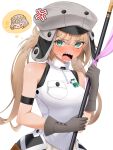  1girl absurdres anger_vein armpit_crease artoria_caster_(fate) artoria_caster_(first_ascension)_(fate) artoria_pendragon_(fate) bare_shoulders blonde_hair blue_eyes blush breasts brown_gloves commentary_request fate/grand_order fate_(series) gloves grey_hair grey_hat hat highres holding holding_staff jeanne_d_kawaii long_hair looking_at_viewer mage_staff oberon_(fate) oberon_(first_ascension)_(fate) open_mouth sharp_teeth simple_background sleeveless speech_bubble staff staff_of_selection_(fate) sweatdrop teeth test_tube thought_bubble twintails upper_body white_background 