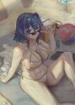  1girl :/ absurdres adjusting_eyewear ball beach beach_towel beach_umbrella beachball bikini black_hair blue_eyes blue_hair breasts cleavage commentary cooler hair_between_eyes hair_intakes highres hololive hololive_english large_breasts lleps_illust looking_at_viewer multicolored_hair navel ouro_kronii outdoors short_hair side-tie_bikini_bottom sitting solo sunglasses swimsuit symbol-only_commentary towel umbrella virtual_youtuber white_bikini 