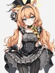  1girl animal_ear_fluff animal_ears ass_visible_through_thighs black_dress black_hat black_pantyhose black_sleeve_cuffs blue_archive blue_eyes cat_ears clothes_lift commentary_request cowboy_shot dress flower grey_background halo hat idol_clothes lifting_own_clothes long_hair looking_at_viewer low_twintails mari_(blue_archive) mari_(idol)_(blue_archive) official_alternate_costume orange_hair pantyhose rose simple_background skirt skirt_lift sleeveless sleeveless_dress smile solo standing top_hat tsuzura_(pixiv74922627) twintails yellow_flower yellow_halo yellow_rose 