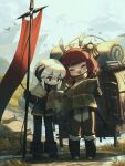  2girls :3 absurdres animal_on_head backpack bag banner black_gloves black_pants brown_gloves brown_pants bug closed_eyes colored_skin fantasy fur_trim gloves grey_eyes highres holding holding_banner holding_polearm holding_weapon horns lelena_(porforever) long_hair looking_at_map map multiple_girls on_head original pants polearm porforever red_hair scarf spear spider standing sunset_(porforever) weapon white_hair white_skin 