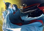  2boys ahoge artist_name bishounen black_hair black_hanfu chinese_clothes closed_mouth couple eye_contact fireflies floating_clothes floating_hair glowing hair_down hair_ribbon half-closed_eyes half_updo hanfu headband holding holding_another&#039;s_wrist holding_ribbon hug lan_wangji light_particles long_hair long_sleeves looking_at_another male_focus modao_zushi multiple_boys night official_alternate_hairstyle parted_lips red_eyes red_ribbon ribbon robe smile standing topknot tou_tou23 upper_body very_long_hair watermark wei_wuxian wei_wuxian_(yiling_laozu) white_hanfu white_headband wide_sleeves xiao_guan_(headdress) yaoi yellow_eyes 