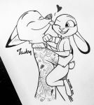  &lt;3 2019 absurd_res ambiguous_gender anthro black_and_white bottomwear canid canine carrying clothed clothing disney duo ears_back eyes_closed fox fully_clothed hi_res inktober judy_hopps lagomorph leporid licking mammal monochrome nick_wilde pants pivoted_ears rabbit shirt simple_background theblueberrycarrots tongue tongue_out topwear white_background zootopia 