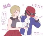 1boy 1girl arrow_(symbol) black_hair blonde_hair blue_jacket bracelet calem_(pokemon) closed_mouth collared_shirt commentary_request eyewear_on_headwear grin hand_on_another&#039;s_shoulder hat heart highres holding jacket jewelry long_sleeves pleated_skirt pokemon pokemon_adventures red_hat red_skirt serena_(pokemon) shirt skirt smile speech_bubble sunglasses teeth translation_request tsukimi_(tkm_516) white_background 