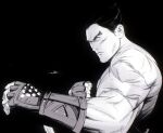  1boy black_background clenched_hand closed_mouth commentary english_commentary fingerless_gloves from_side frown ghellost gloves greyscale highres looking_ahead male_focus mishima_kazuya monochrome multiple_scars sanpaku scar scar_on_arm scar_on_cheek scar_on_face short_hair sideburns simple_background solo spiked_hair studded_gloves tekken thick_eyebrows topless_male upper_body 
