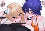  3girls absurdres arnkun belle_(zenless_zone_zero) black_shirt blonde_hair blue_hair blush breasts brown_eyes cleavage company_connection crossover female_pov genshin_impact green_eyes highres honkai:_star_rail honkai_(series) large_breasts lumine_(genshin_impact) multiple_girls pov shirt short_hair simple_background speech_bubble stelle_(honkai:_star_rail) trailblazer_(honkai:_star_rail) trait_connection white_background yuri zenless_zone_zero 