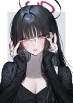  1girl absurdres adjusting_eyewear alternate_costume bespectacled black_hair black_nails black_sweater blue_archive blush breasts cleavage ear_piercing glasses hair_between_eyes hands_on_eyewear highres jewelry kamiyama_sumu long_hair looking_at_viewer multiple_rings necklace parted_lips piercing red_eyes ring rio_(blue_archive) sidelocks solo sweater upper_body 