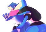  2019 ambiguous/ambiguous ambiguous_gender amphibian anthro blue_body blue_fur blush bodily_fluids canid canine duo fur gloves_(marking) greninja hi_res looking_back lucario mammal markings netiel nintendo pink_eyes pok&eacute;mon pok&eacute;mon_(species) red_eyes signature simple_background suggestive sweat video_games white_background 