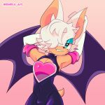 1:1 absurd_res anthro bat blue_eyes bulge chest_window clothing crossgender eyeshadow ftm_crossgender fur hair hair_over_eye hi_res legwear makeup male mammal navel_outline pecs rogue_the_bat_(nikkikaji) rouge_the_bat sega siellito_art skintight_suit smile smirk solo sonic_the_hedgehog_(series) tights white_body white_fur wings