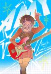  1girl amy_lee_(geeckek) arm_up bass_guitar belt blue_background borrowed_character brown_eyes brown_hair brown_shirt character_name color_contrast commentary commission earrings english_commentary english_text feet_out_of_frame fender_jazz_bass green_outline grin highres instrument jewelry long_hair long_sleeves looking_at_viewer miniskirt mole mole_under_eye original outline plaid_clothes plaid_skirt saphirdevil shirt skirt sleeves_past_wrists smile solo standing star_(symbol) t-shirt thighhighs zettai_ryouiki 