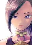  1girl asymmetrical_bangs black_sports_bra bustier choker collarbone commentary_request dragon_quest dragon_quest_xi green_bustier green_choker highres looking_at_viewer martina_(dq11) o-ring o-ring_top pekuchin_(pekuchin_3) ponytail purple_eyes purple_hair solo sports_bra twitter_username upper_body white_background 