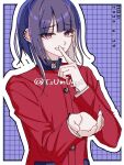  1boy border buttons colored_inner_hair commentary_request dated eyelashes finger_to_mouth grid_background grin hand_up happy_birthday highres jacket long_sleeves male_focus medium_hair multicolored_hair outline pink_eyes purple_background purple_hair red_jacket smile solo the_hundred_line_-last_defense_academy- tsukumo_ima tsumugg0 twitter_username two-tone_hair upper_body white_border white_hair white_outline 