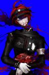  1boy armband black_streaks blood blood_on_clothes blood_on_face blue_background blue_eyes decapitation entrails gakuran gloves guro gx_dawn hashtag-only_commentary headgear highres hole_in_chest hole_on_body injury last_defense_academy_school_uniform looking_at_viewer male_focus multicolored_hair organs own_hands_together red_hair school_uniform severed_head severed_torso short_hair simple_background solo sumino_takumi the_hundred_line_-last_defense_academy- upper_body white_armband white_gloves 