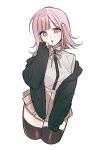  1girl breasts brown_hair collared_shirt danganronpa_(series) danganronpa_2:_goodbye_despair flipped_hair galaga hair_ornament highres jacket long_sleeves looking_at_viewer medium_hair nanami_chiaki neck_ribbon open_clothes open_jacket pink_eyes pink_ribbon pleated_skirt ribbon saosa18666 shirt skirt solo spaceship_hair_ornament thighhighs white_shirt 
