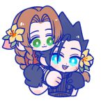  105zz 1boy 1girl :3 aerith_gainsborough armor bangle black_gloves black_hair blue_eyes blush bracelet braid braided_ponytail brown_hair closed_mouth commentary_request couple cropped_torso cross_scar drill_hair drill_sidelocks final_fantasy final_fantasy_vii final_fantasy_vii_remake flower gloves green_eyes hair_flower hair_ornament hair_ribbon hand_on_another&#039;s_arm heads_together hug hug_from_behind jacket jewelry looking_at_another lowres parted_bangs pink_ribbon ponytail red_jacket ribbed_sweater ribbon scar scar_on_cheek scar_on_face shoulder_armor sidelocks simple_background smile spiked_hair sweater turtleneck turtleneck_sweater upper_body white_background yellow_flower zack_fair 