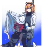  2girls a.i._voice adachi_rei black_pantyhose bottle grey_shirt grey_shorts hashtag-only_commentary holding holding_bottle iwashi_(wawaisi_iwasi) jacket kasane_teto long_sleeves medium_hair multiple_girls open_clothes open_jacket orange_hair pantyhose red_hair shade shirt shorts sleeveless sleeveless_shirt summer utau water_bottle white_jacket 