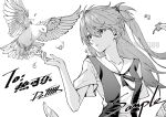  1girl artist_name bird commentary_request commissioner_name dollllls2 falling_feathers feathers greyscale hair_between_eyes highres interface_headset_(evangelion) long_hair looking_at_animal looking_to_the_side monochrome neck_ribbon neon_genesis_evangelion parted_lips ribbon sample_watermark school_uniform short_sleeves solo souryuu_asuka_langley tokyo-3_middle_school_uniform upper_body watermark 
