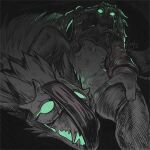 anthro black_background bone duo female glowing glowing_eyes glowing_mouth green_eyes kindred_(lol) kuglu lamb_(lol) league_of_legends male mask riot_games simple_background skull tencent wolf_(lol)