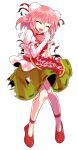  1girl bandaged_arm bandages breasts bun_cover closed_eyes commentary dairi double_bun flower full_body green_skirt hair_between_eyes hair_bun hand_up ibaraki_kasen knees_together_feet_apart large_variant_set medium_breasts medium_hair open_mouth pink_flower pink_hair print_tabard puffy_short_sleeves puffy_sleeves red_ribbon red_shoes red_tabard ribbon shirt shoes short_sleeves skirt solo standing sweatdrop tabard tachi-e thighs torn_clothes torn_shirt torn_skirt torn_tabard touhou variant_set white_shirt 